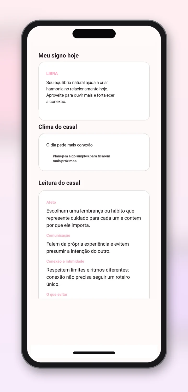 Tela Astros do Amor com leitura do signo, clima do casal e temas de afeto, comunicação e conexão.