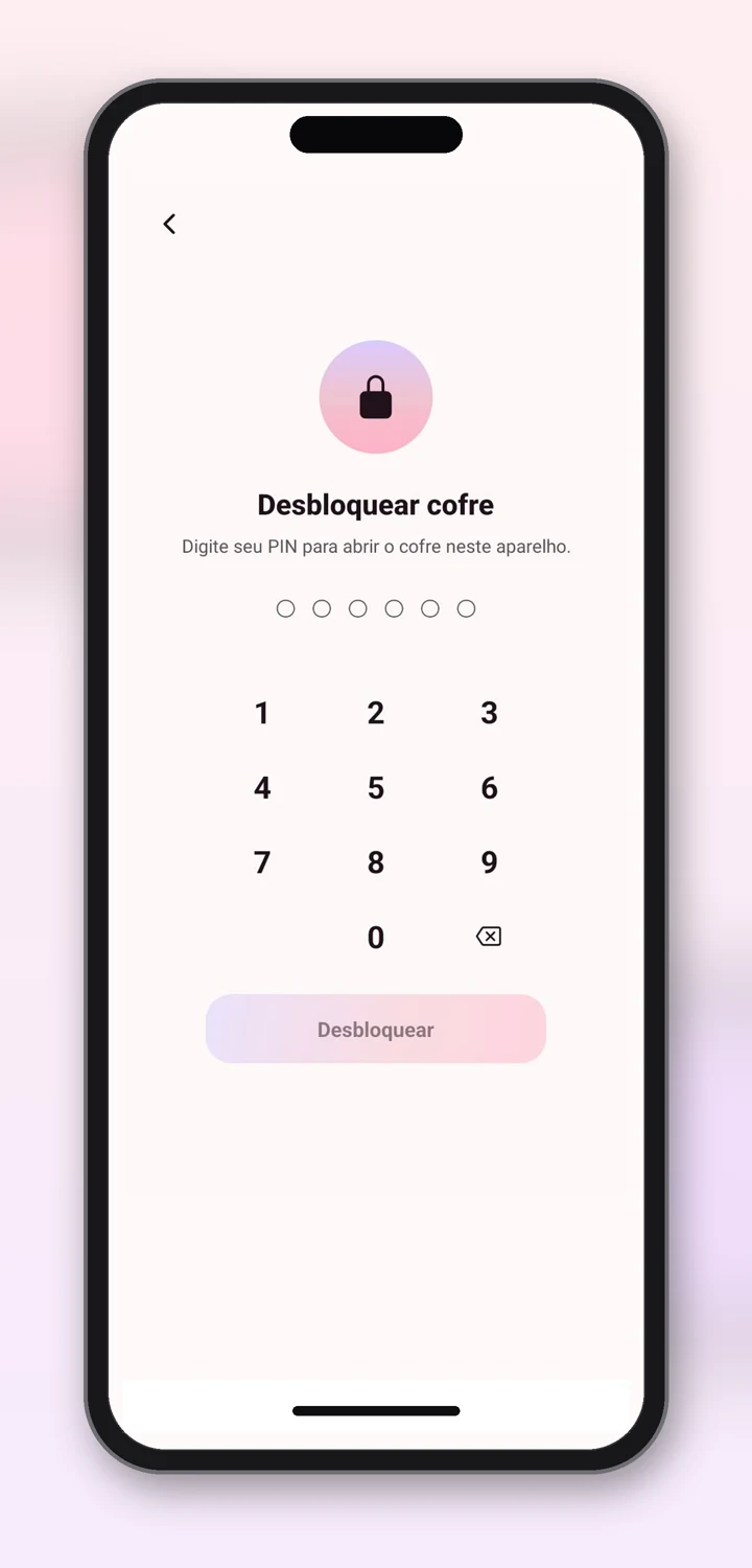Tela de desbloqueio do Cofre Privado com seis posições para o PIN e teclado numérico.